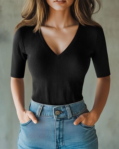 Riyiper 3 Pack Women's Half Sleeve Top Elbow Length Ribbed Cotton T Shirt Women V Neck Summer Tee Slim Fit Casual Blouses(Black, White, Brown,M) - Image 5