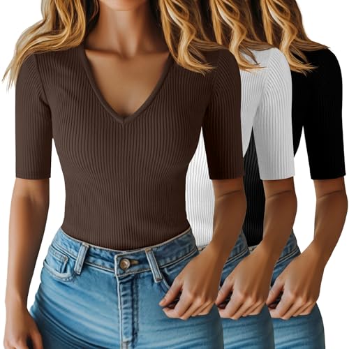 Riyiper 3 Pack Women's Half Sleeve Top Elbow Length Ribbed Cotton T Shirt Women V Neck Summer Tee Slim Fit Casual Blouses(Black, White, Brown,M) - Image 1