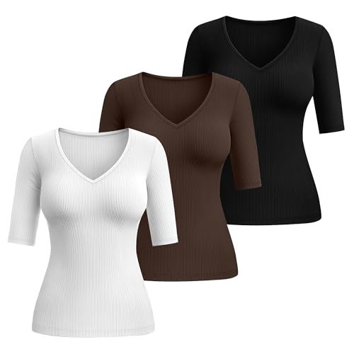 Riyiper 3 Pack Women's Half Sleeve Top Elbow Length Ribbed Cotton T Shirt Women V Neck Summer Tee Slim Fit Casual Blouses(Black, White, Brown,M) - Image 2