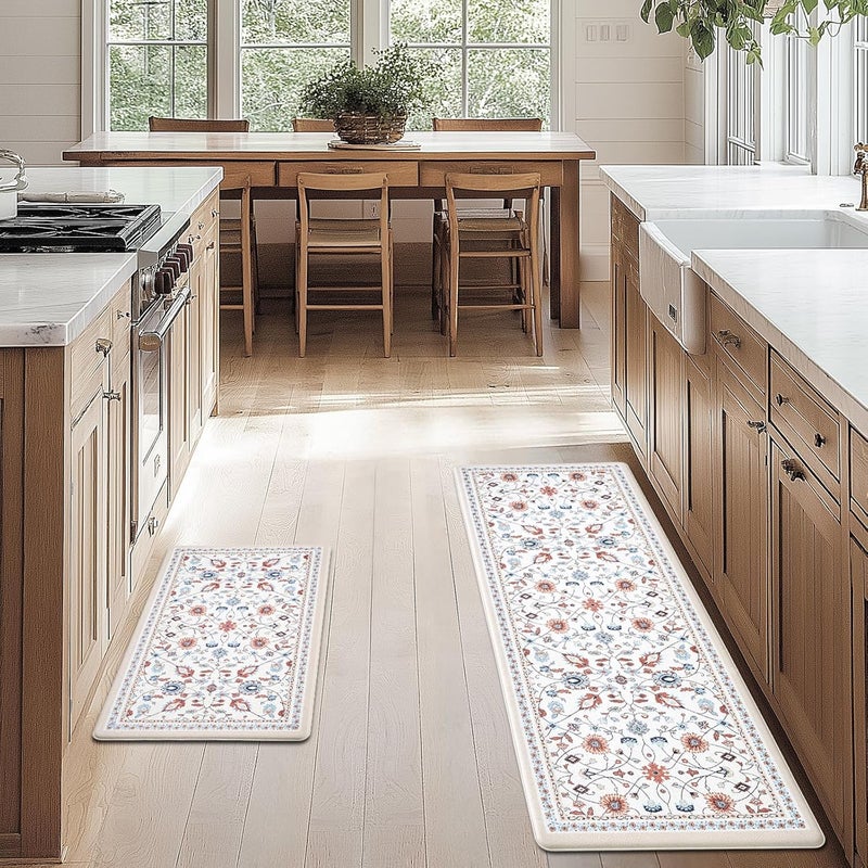 Fresh Mint Anti Fatigue Kitchen Mats for Floor 2 Piece Set, Waterproof & Non-Skid Vintage Floarl Kitchen Rugs, Cushioned Kitchen Mat for Standing Washable Comfort Desk Kitchen Runners, 17x30''+17x47'' - Image 2