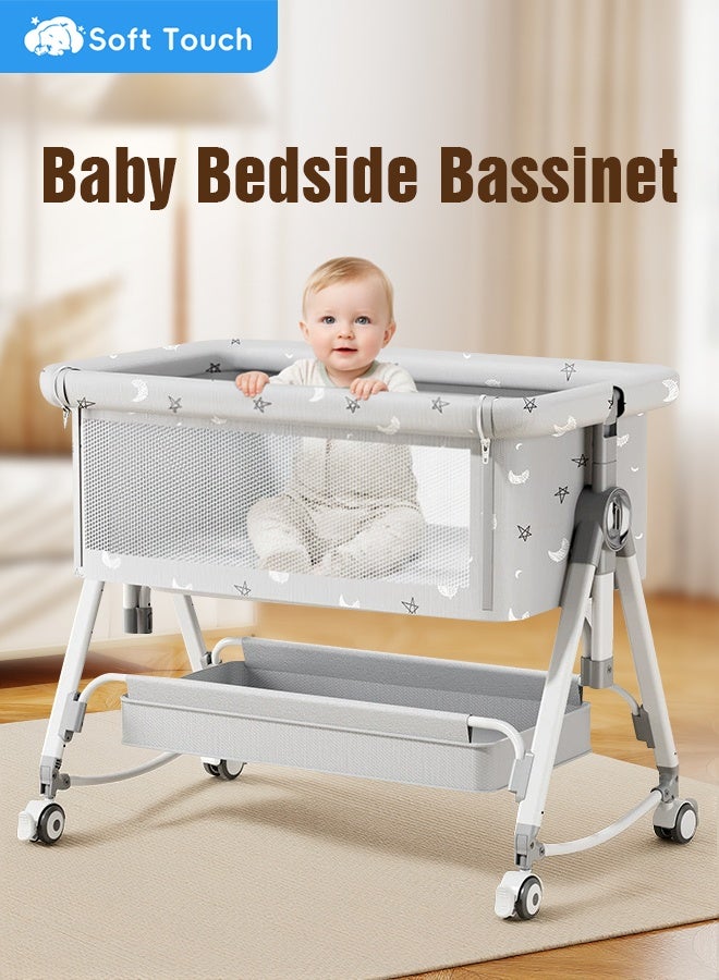 سوفت تاتش سرير أطفال متعدد الوظائف، سرير أطفال قابل للتعديل بخمسة ارتفاعات، سرير نوم محمول سهل الطي، أسرة هزازة مع مرتبة وناموسية للأطفال حديثي الولادة - Image 1