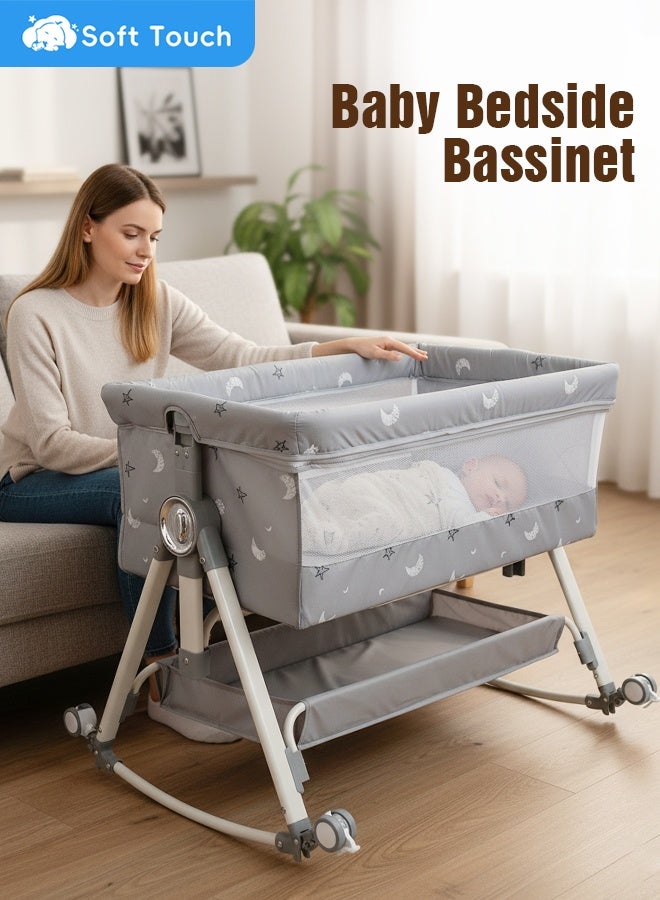 سوفت تاتش سرير أطفال متعدد الوظائف، سرير أطفال قابل للتعديل بخمسة ارتفاعات، سرير نوم محمول سهل الطي، أسرة هزازة مع مرتبة وناموسية للأطفال حديثي الولادة - Image 3