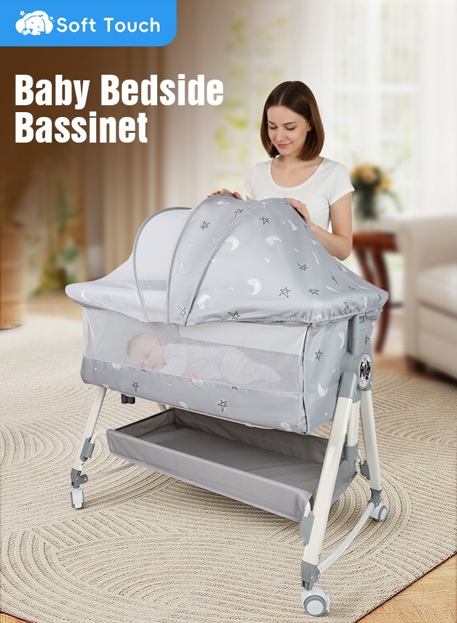 سوفت تاتش سرير أطفال متعدد الوظائف، سرير أطفال قابل للتعديل بخمسة ارتفاعات، سرير نوم محمول سهل الطي، أسرة هزازة مع مرتبة وناموسية للأطفال حديثي الولادة - Image 2
