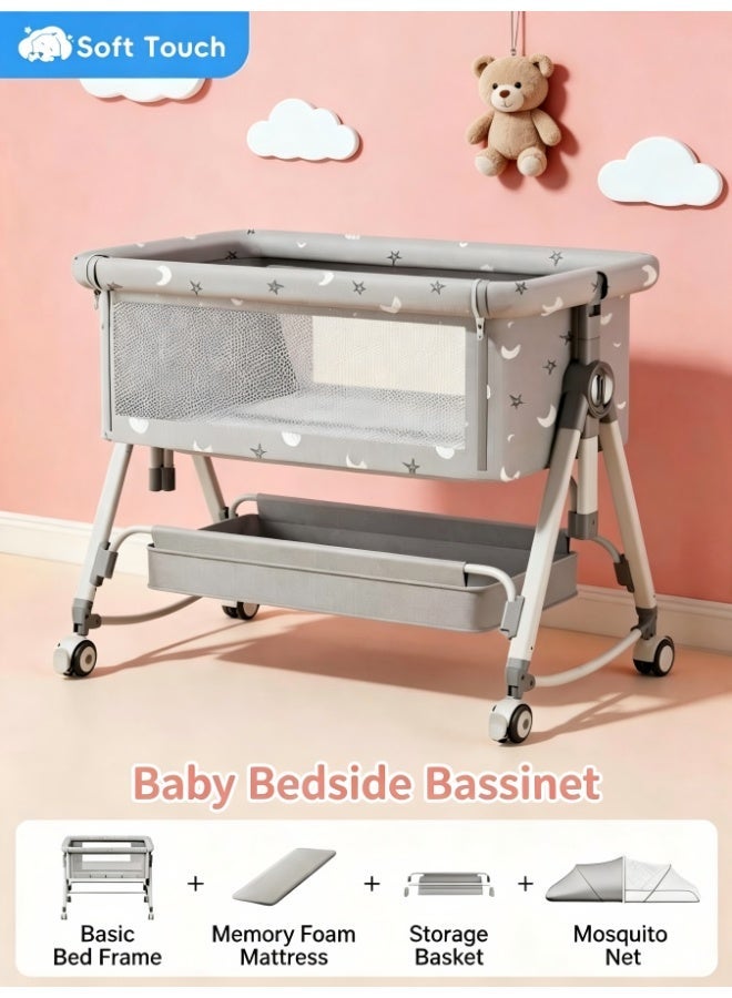 Soft Touch Baby Bassinet Bedside Sleeper,Multifunctional Baby Crib, 5 Adjustable Height Cosleeper for Baby, Easy Folding Portable Baby Sleeping Bed, Rocking Bassinets with Mattress Mosquito Net for Infant Newborn - Image 1