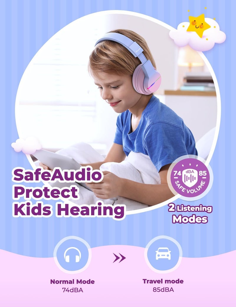 آيكليفير سماعات رأس بلوتوث للأطفال iClever BTH12، مع أضواء LED ملونة، مستوى صوت آمن 74/85 ديسيبل، وقت تشغيل 85 ساعة، شحن سريع، بلوتوث 5.2، سماعات رأس لاسلكية فوق الأذن - Image 3