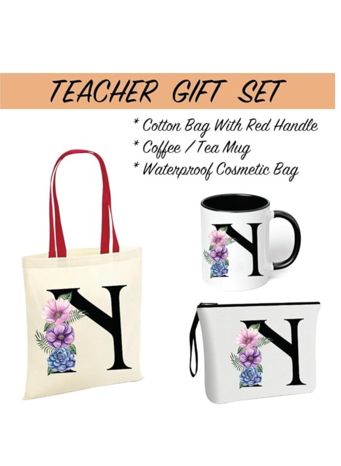 PRINTSHOP4ME Initial Letters Canvas Cotton Tote Bag With Red Handle and Cosmetic pouch for girls - Mug gifts - Pack of 3 Combo set -Giftset for wedding - Gifts for girls - Gift for friends  - Image 2