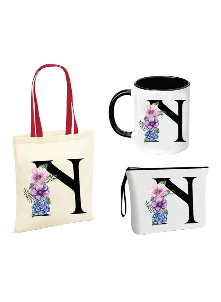 PRINTSHOP4ME Initial Letters Canvas Cotton Tote Bag With Red Handle and Cosmetic pouch for girls - Mug gifts - Pack of 3 Combo set -Giftset for wedding - Gifts for girls - Gift for friends  - Image 1