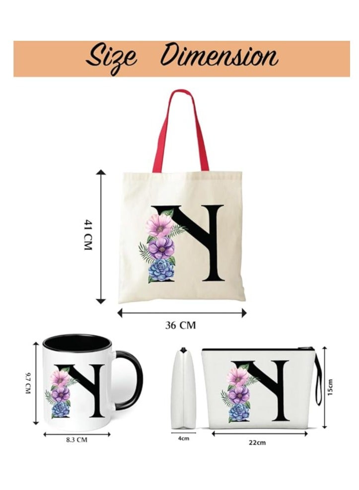 PRINTSHOP4ME Initial Letters Canvas Cotton Tote Bag With Red Handle and Cosmetic pouch for girls - Mug gifts - Pack of 3 Combo set -Giftset for wedding - Gifts for girls - Gift for friends  - Image 3