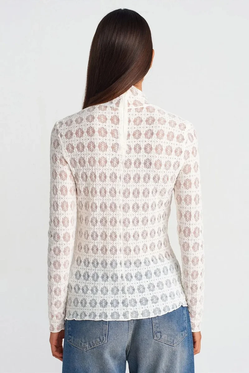 Dilvin White DILVIN Slim Fit Lace Turtleneck Blouse for Women | Best Price UAE
