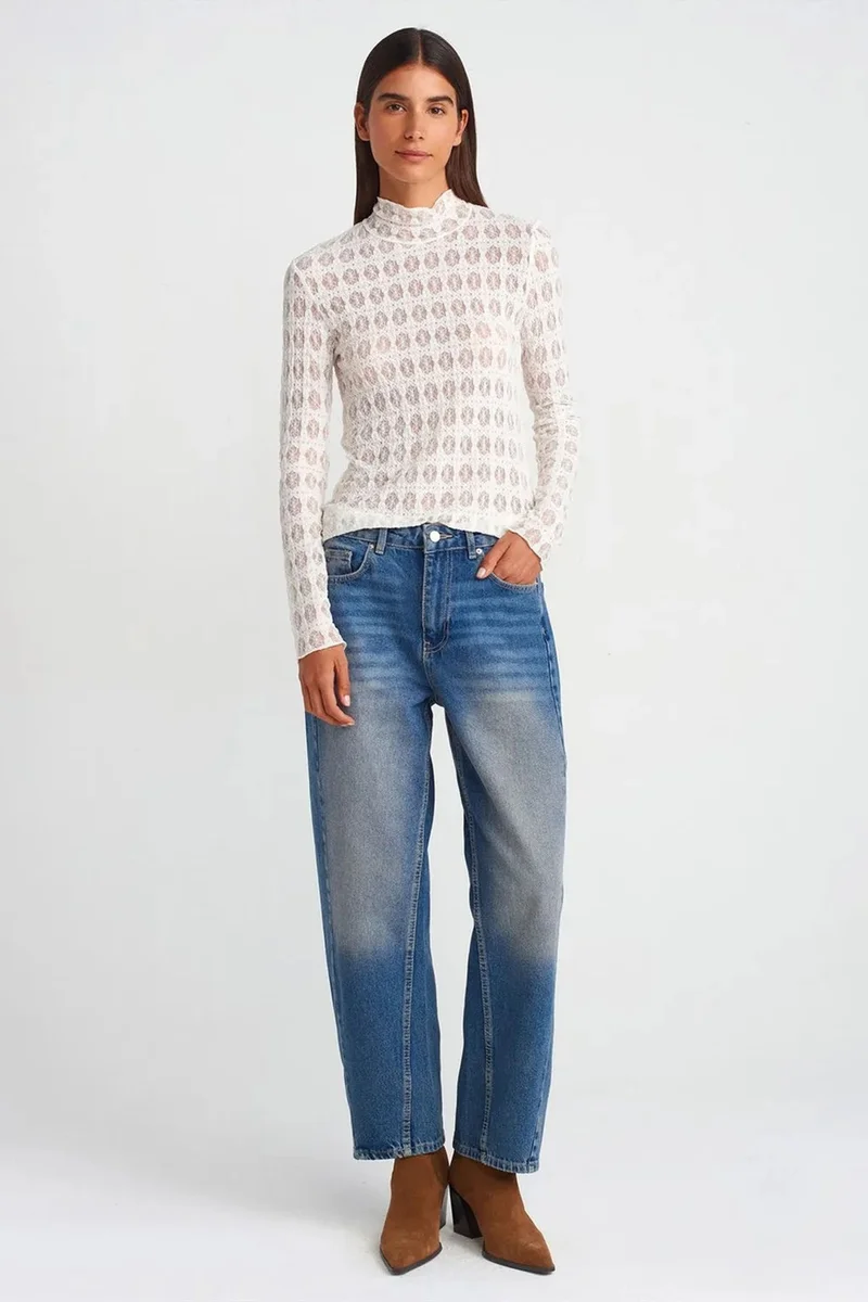 Dilvin White DILVIN Slim Fit Lace Turtleneck Blouse for Women | Best Price UAE