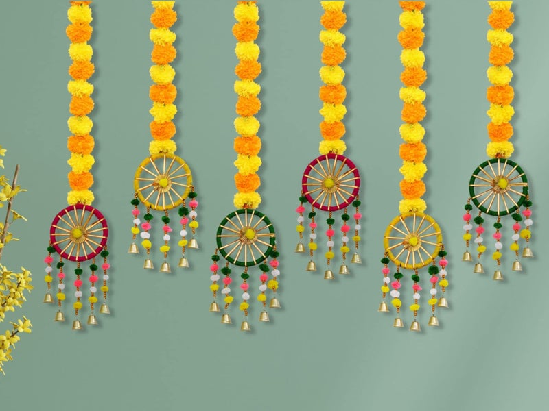 JH Gallery Handmade Artificial Marigold Fluffy Flowers with Ring Bell Hanging Latkan Toran for Home | Festival | Wedding | Temple Pooja Room Decoration (Pack of 6) - Image 1