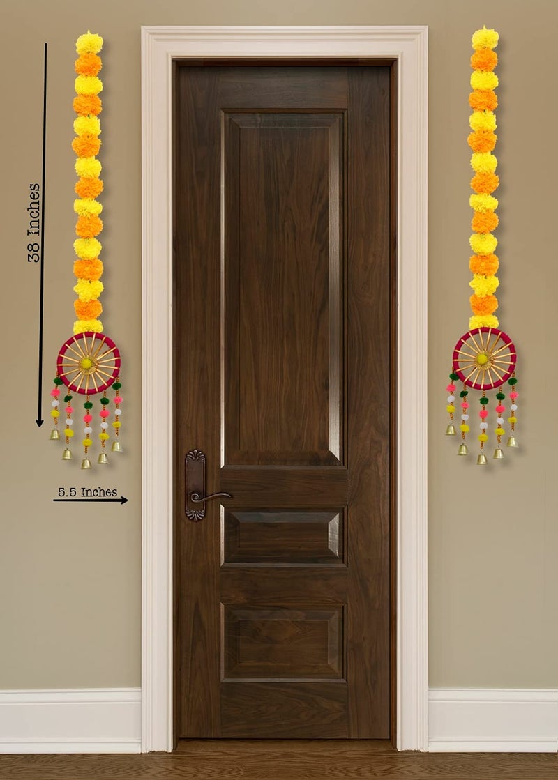 JH Gallery Handmade Artificial Marigold Fluffy Flowers with Ring Bell Hanging Latkan Toran for Home | Festival | Wedding | Temple Pooja Room Decoration (Pack of 6) - Image 2