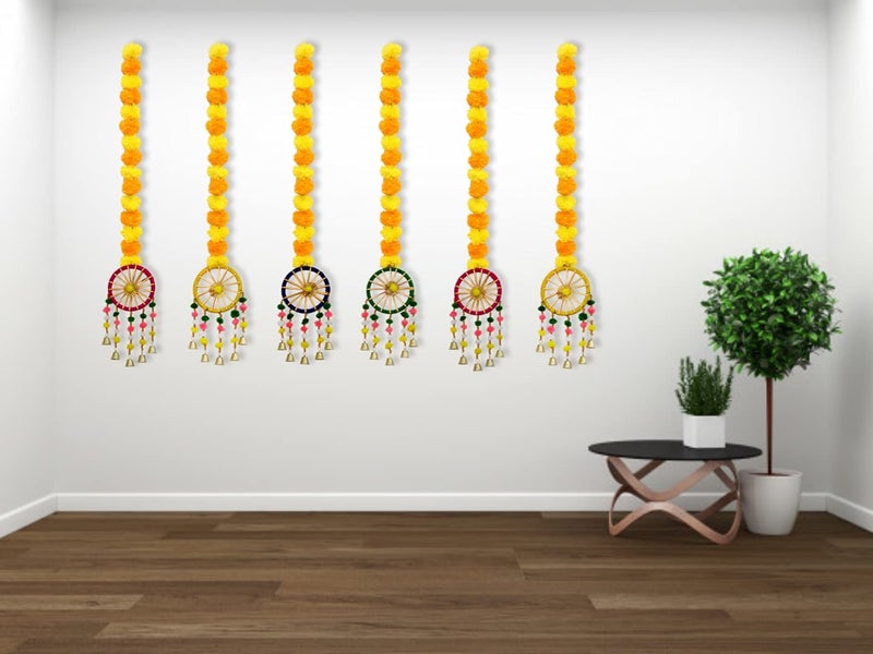 JH Gallery Handmade Artificial Marigold Fluffy Flowers with Ring Bell Hanging Latkan Toran for Home | Festival | Wedding | Temple Pooja Room Decoration (Pack of 6) - Image 4