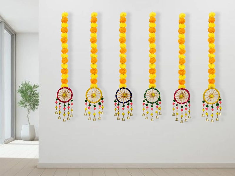 JH Gallery Handmade Artificial Marigold Fluffy Flowers with Ring Bell Hanging Latkan Toran for Home | Festival | Wedding | Temple Pooja Room Decoration (Pack of 6) - Image 5
