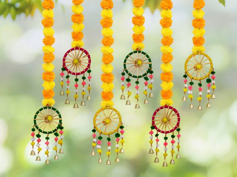 JH Gallery Handmade Artificial Marigold Fluffy Flowers with Ring Bell Hanging Latkan Toran for Home | Festival | Wedding | Temple Pooja Room Decoration (Pack of 6) - Image 3