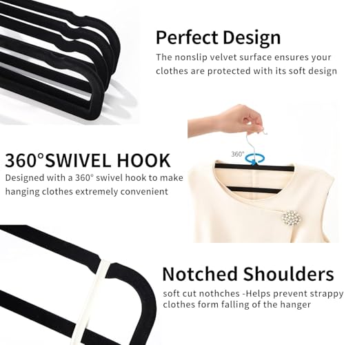 WJWSKI Velvet Hangers Non Slip 20 Pack Pants Hangers for Closet Thin Space Saving Clothes Hanger Strong Durable Jean Perchas with 360 Degree Rotatable Hook for Tank Top Black Silver Hook - Image 3