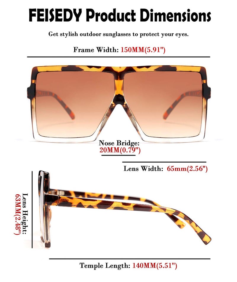 FEISEDY FEISEDY Women Square Oversized Sunglasses Flat Top Fashion Big Stylish Large Frame UV400 B2539,Leopard/Tea  - Image 5