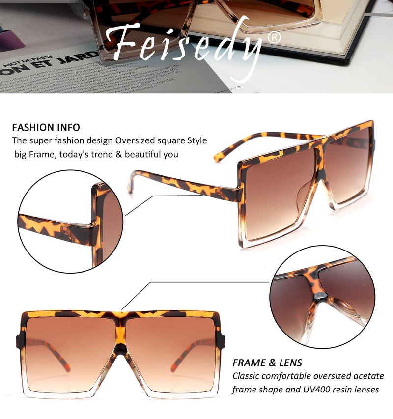 FEISEDY FEISEDY Women Square Oversized Sunglasses Flat Top Fashion Big Stylish Large Frame UV400 B2539,Leopard/Tea  - Image 4