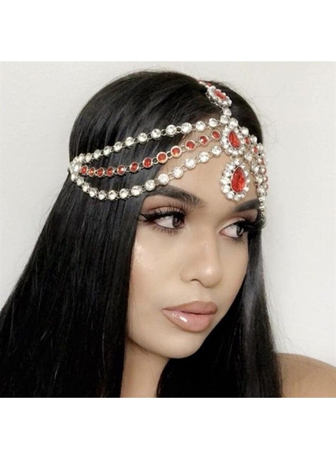 Rumtock Ruby Red Crystal Beads Forehead Chain Multi Layer Silver Hair Accessories for Women Girls Brides  - Image 1