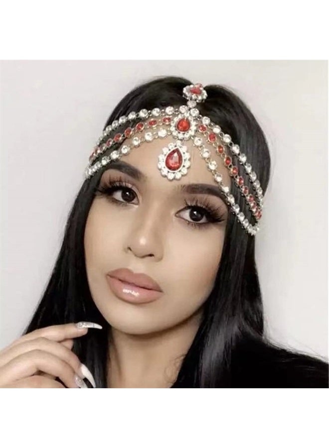 Rumtock Ruby Red Crystal Beads Forehead Chain Multi Layer Silver Hair Accessories for Women Girls Brides  - Image 2