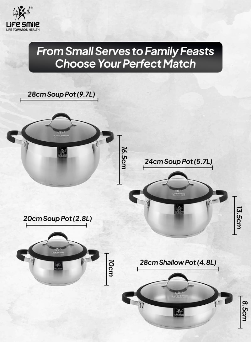 Life Smile 8-Piece 18/10 Stainless Steel Cookware Set – Premium Cookwares & Kitchen Cooking Pots | Non Stick Cookwares, Casseroles (20/24/28cm) with Lids & 28cm Shallow Pot | Durable Silicone Handles | Safe & 100% PFOA-Free - Image 3