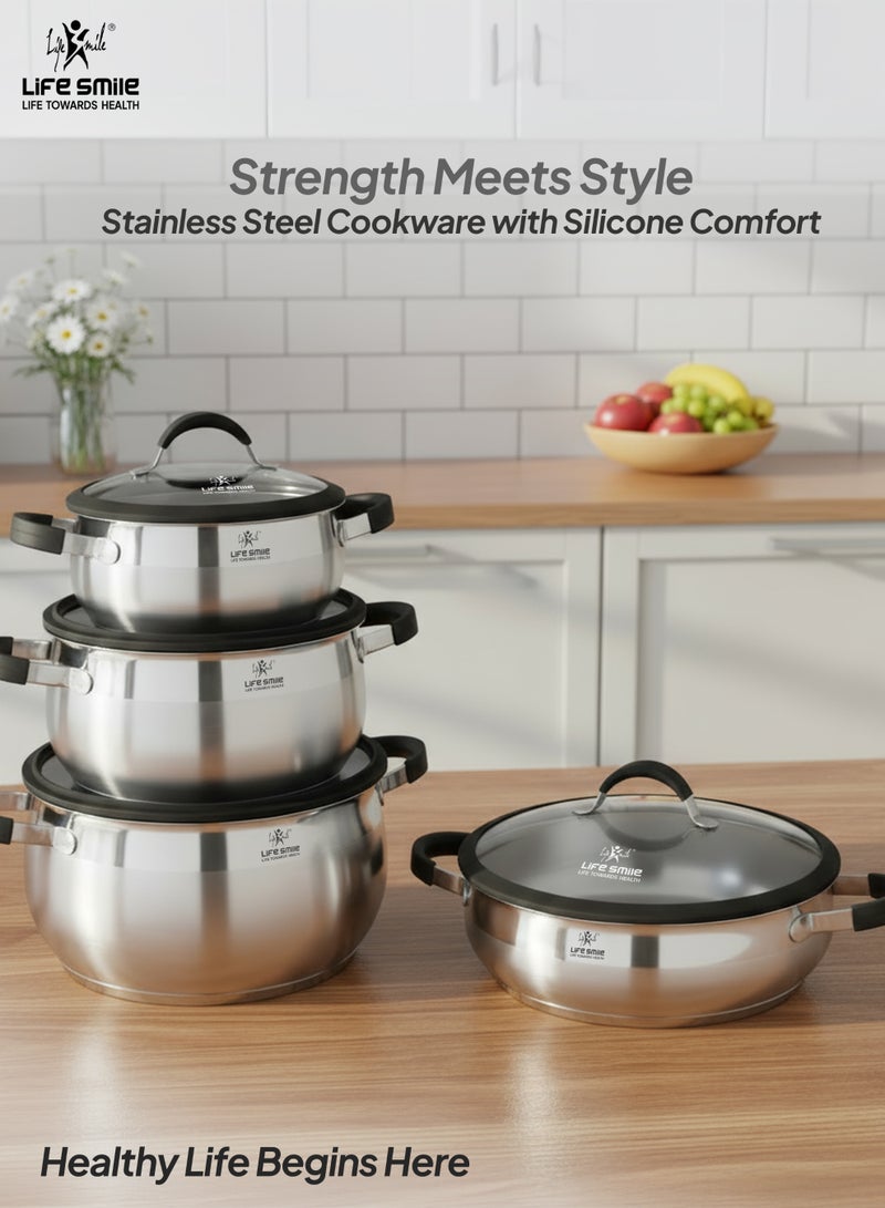 Life Smile 8-Piece 18/10 Stainless Steel Cookware Set – Premium Cookwares & Kitchen Cooking Pots | Non Stick Cookwares, Casseroles (20/24/28cm) with Lids & 28cm Shallow Pot | Durable Silicone Handles | Safe & 100% PFOA-Free - Image 5