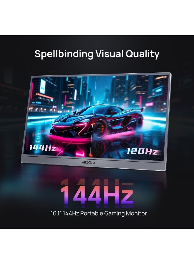 ARZOPA 16.1'' 144Hz Portable Gaming Monitor, 106% sRGB 1080P FHD Kickstand Portable Monitor with HDR, Ultra Slim, Eye Care, External Second Screen for Laptop, PC, PS5, Mac, Xbox - Image 2