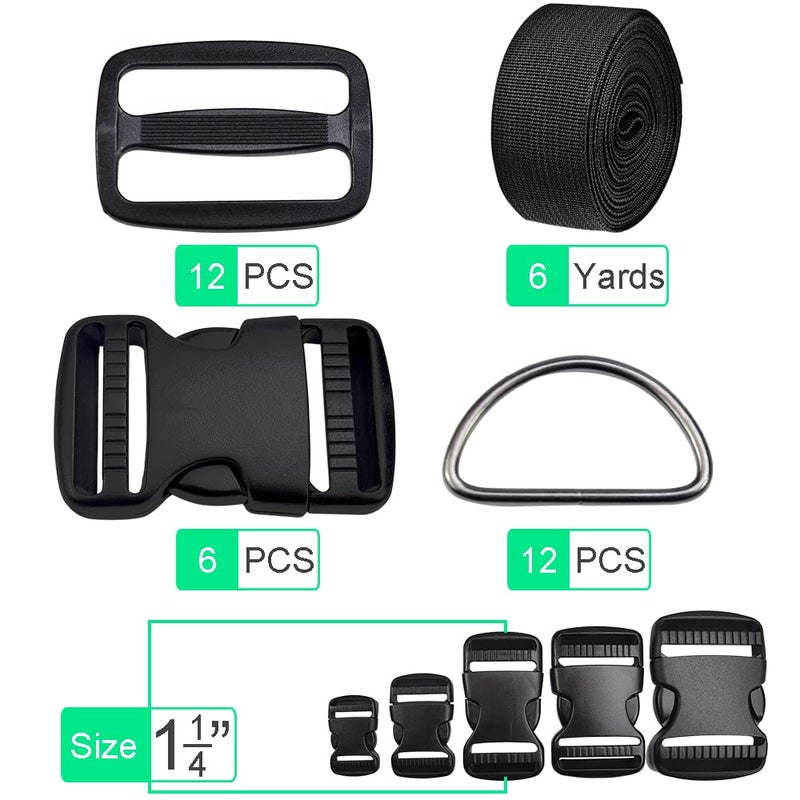 CooBigo 1.25 Inch Buckles Straps Set 6 Yards 1.25 Inch Black Nylon Webbing Strap 6 Pcs Quick Side Release Plastic Buckle Dual Adjustable 12pcs Tri-glide Slide Clip 12 Pcs Metal D Rings - Image 3