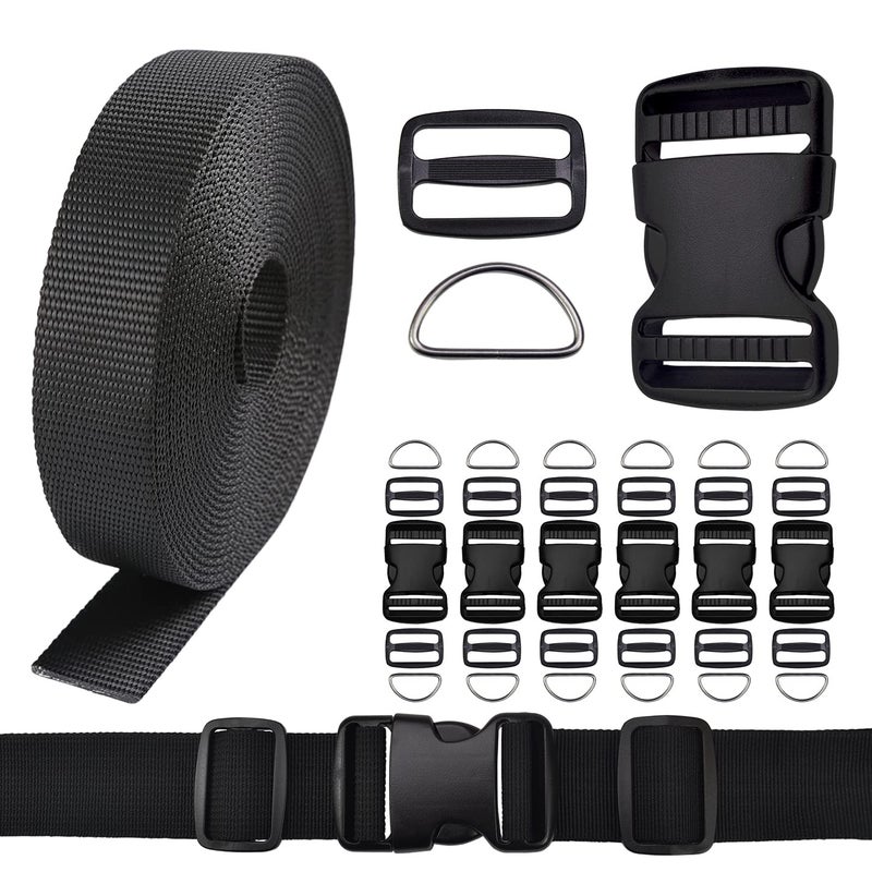 CooBigo 1.25 Inch Buckles Straps Set 6 Yards 1.25 Inch Black Nylon Webbing Strap 6 Pcs Quick Side Release Plastic Buckle Dual Adjustable 12pcs Tri-glide Slide Clip 12 Pcs Metal D Rings - Image 1