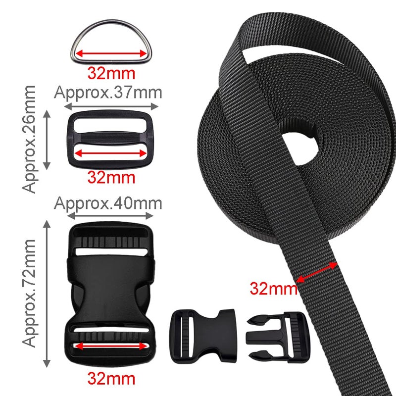 CooBigo 1.25 Inch Buckles Straps Set 6 Yards 1.25 Inch Black Nylon Webbing Strap 6 Pcs Quick Side Release Plastic Buckle Dual Adjustable 12pcs Tri-glide Slide Clip 12 Pcs Metal D Rings - Image 2