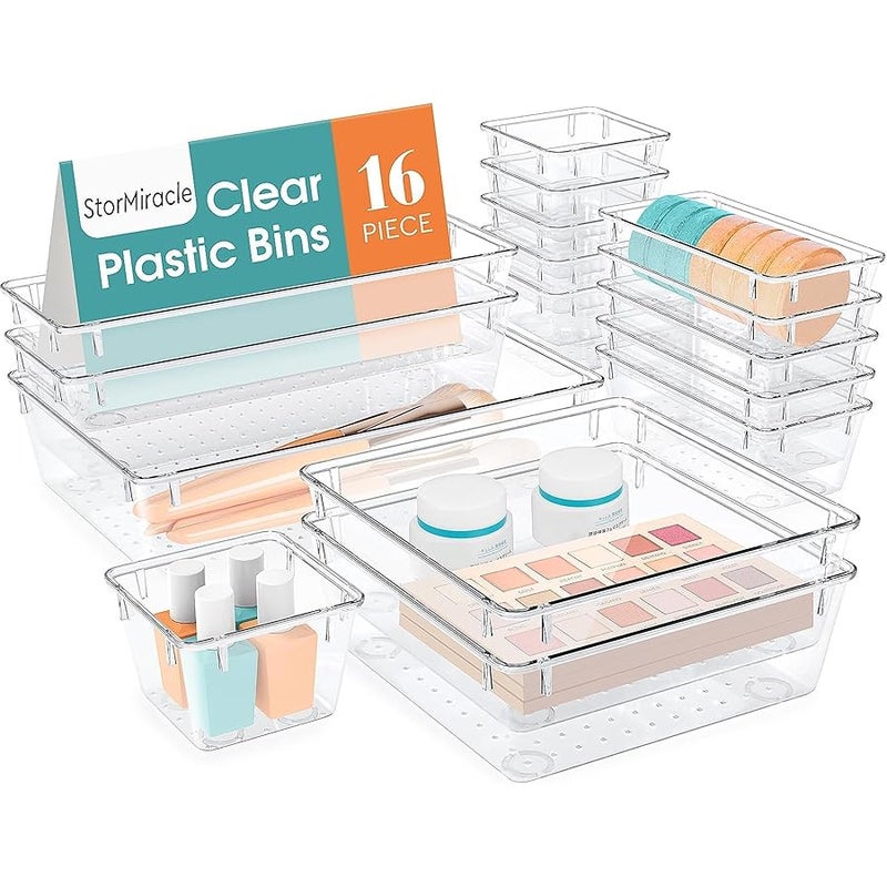 StorMiracle 16 PCS Drawer Organizer Set, 5 Varied Size Bathroom and kitchen Drawer cabinet organizer Trays, Clear Storage Bins for Makeup, Jewelry, Utensils and Gadgets - Image 1