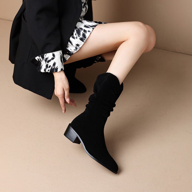 French Retro Western Cowboy Boots Women'S 2024 New Stacking Boots Soft Leather Frosted Coarse Heel Short Boots - Image 1