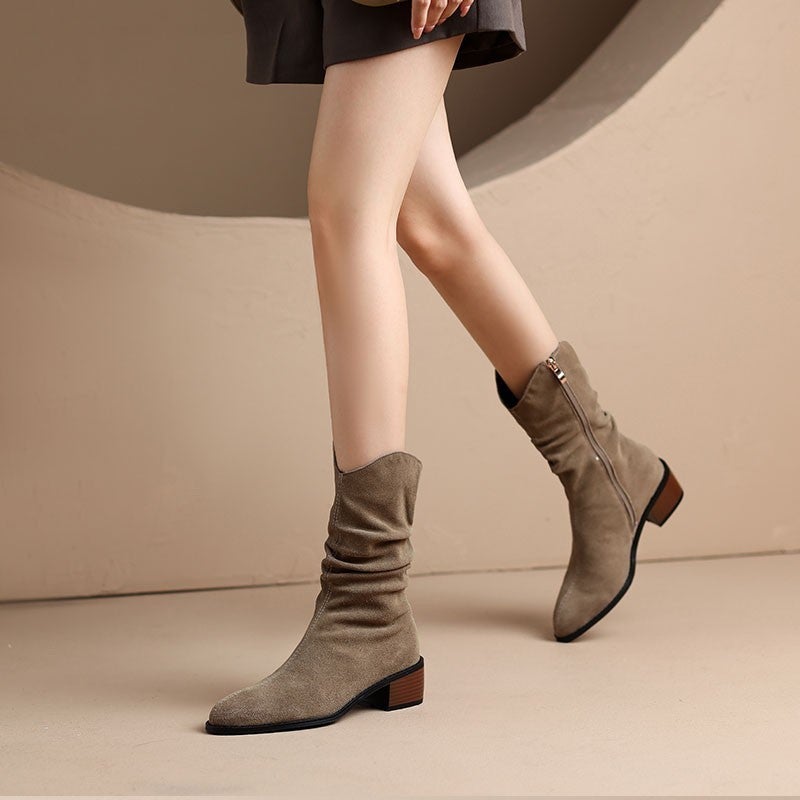French Retro Western Cowboy Boots Women'S 2024 New Stacking Boots Soft Leather Frosted Coarse Heel Short Boots - Image 3