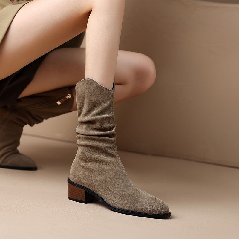 French Retro Western Cowboy Boots Women'S 2024 New Stacking Boots Soft Leather Frosted Coarse Heel Short Boots - Image 2