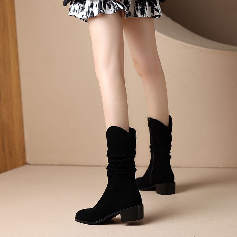French Retro Western Cowboy Boots Women'S 2024 New Stacking Boots Soft Leather Frosted Coarse Heel Short Boots - Image 5