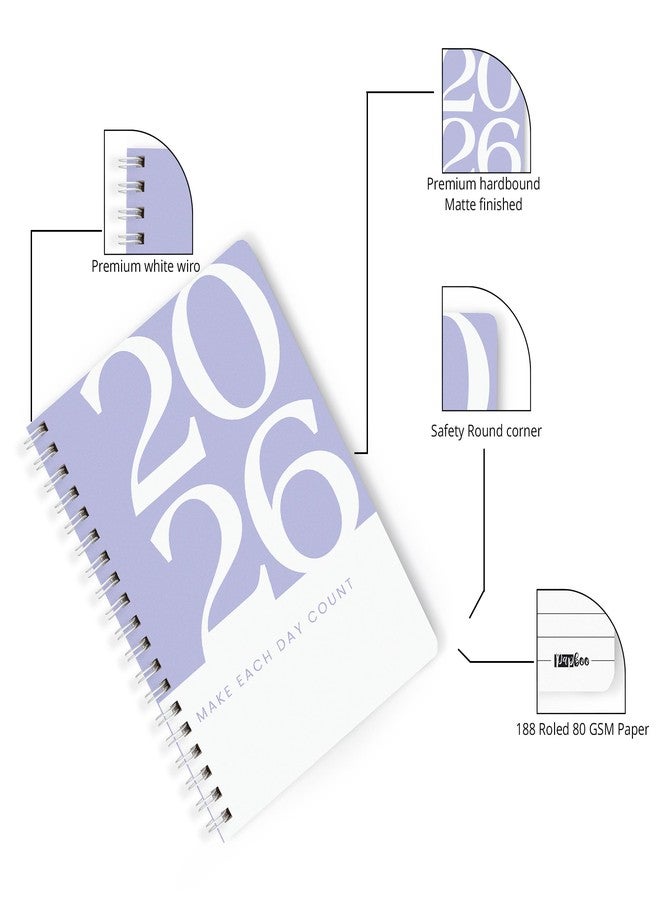 PAPBOO A5 Handy, Hardcover, Hardbound 2026 Diary with Calendar, Easy to Carry White Spiral Wiro Notebook: 80 GSM Paper, Ruled, 188 Pages, Journal, Diary, Gift (Purple) - Image 2