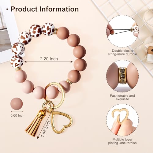 Weixiltc Silicone Bead Keychain Wristlet for Women, Charm Bracelet Key Chains, Car Key Rings Holder for Girls (Cow Brown) - Image 2