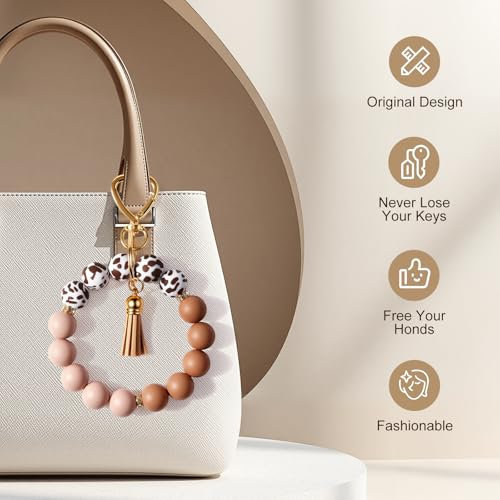 Weixiltc Silicone Bead Keychain Wristlet for Women, Charm Bracelet Key Chains, Car Key Rings Holder for Girls (Cow Brown) - Image 3
