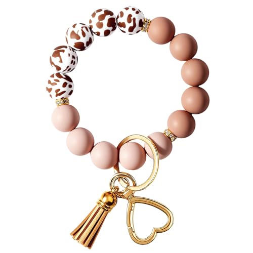 Weixiltc Silicone Bead Keychain Wristlet for Women, Charm Bracelet Key Chains, Car Key Rings Holder for Girls (Cow Brown) - Image 1