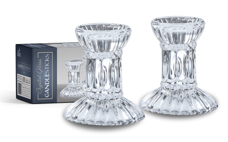 Ner Mitzvah Crystal Candle Holder Set of 2 - Crystal Glass 3" Tall Candlestick Holders for Taper Candles - Image 2