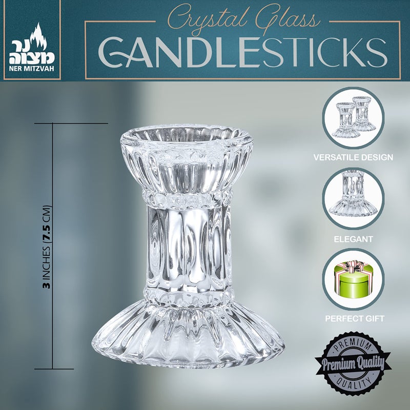 Ner Mitzvah Crystal Candle Holder Set of 2 - Crystal Glass 3" Tall Candlestick Holders for Taper Candles - Image 3