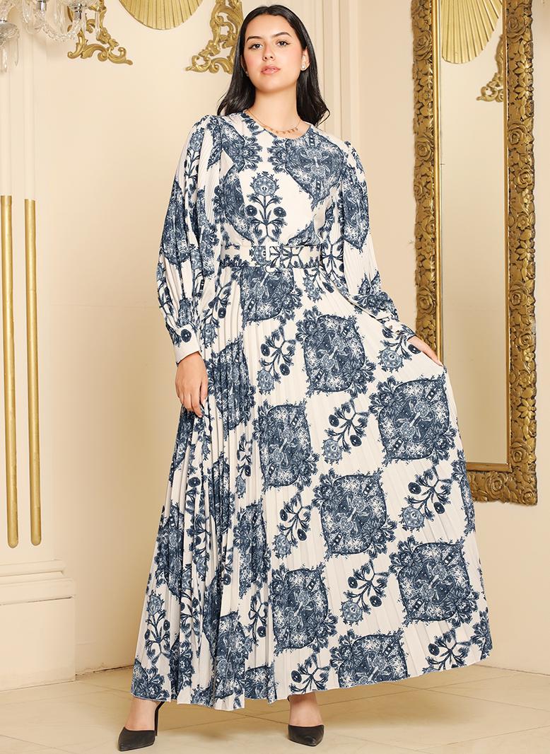 فرايديين كلاسيك دائري زهري هندسي طباعة حزام الزهور مطوي كم القميص فساتين طويلة ازرق - Image 1