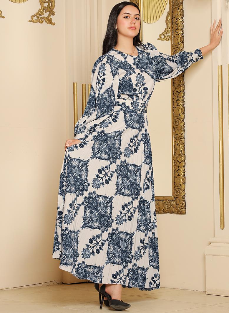 فرايديين كلاسيك دائري زهري هندسي طباعة حزام الزهور مطوي كم القميص فساتين طويلة ازرق - Image 5