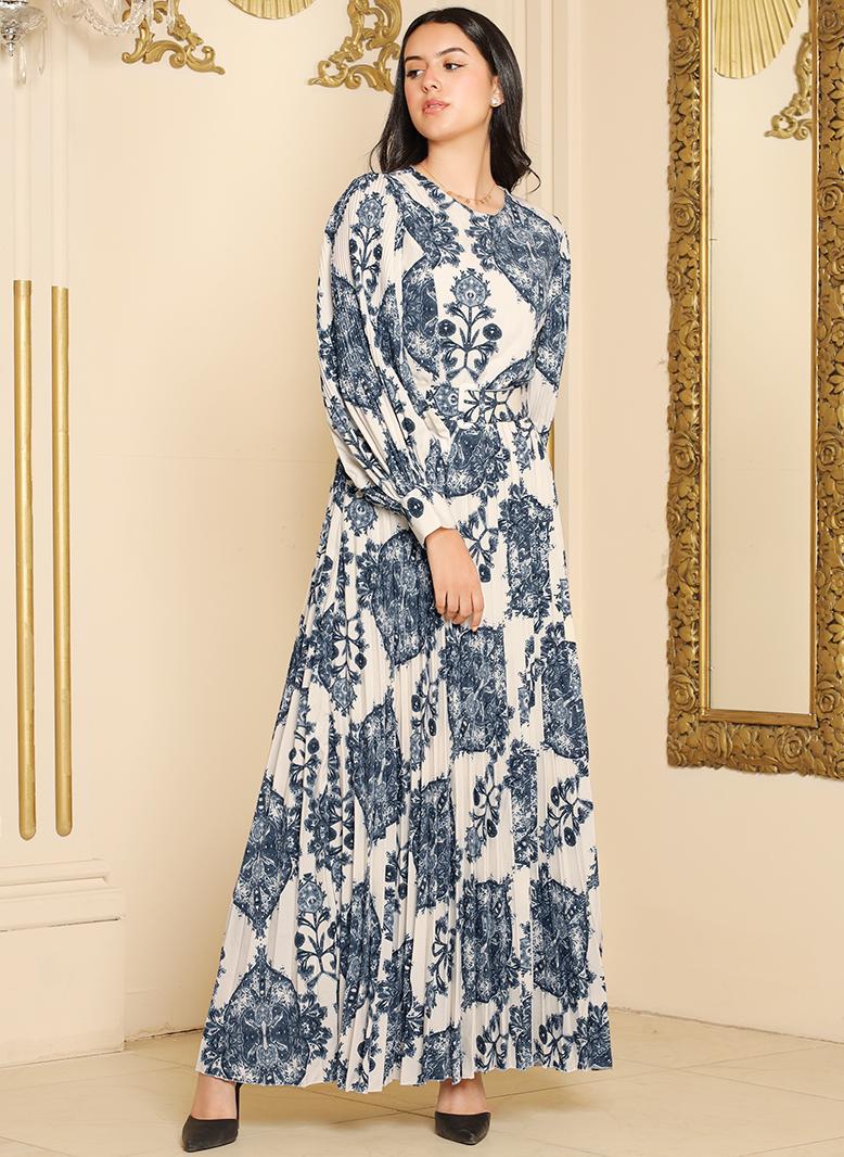 فرايديين كلاسيك دائري زهري هندسي طباعة حزام الزهور مطوي كم القميص فساتين طويلة ازرق - Image 3