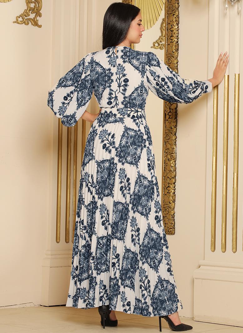 فرايديين كلاسيك دائري زهري هندسي طباعة حزام الزهور مطوي كم القميص فساتين طويلة ازرق - Image 2