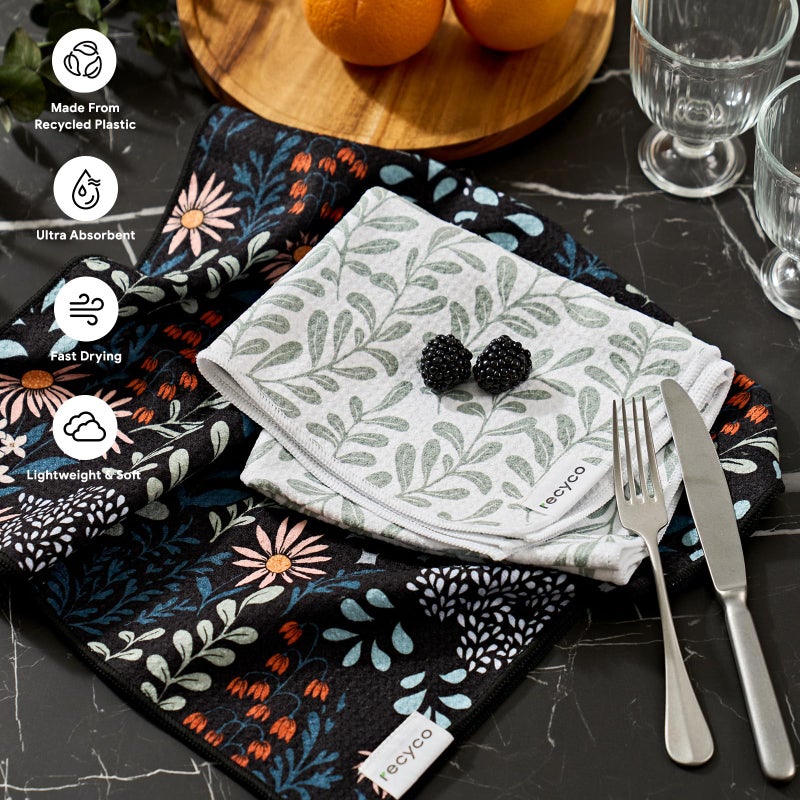 RECYCO Waffle Kitchen Towel Set of 2 - Quick Dry Microfiber Sustainable Dish Towels - Ultra Absorbent Reusable Cleaning Tea Towels - Lightweight Hand Towels,16â€x 28â€, Enchanted Bloom - Image 2