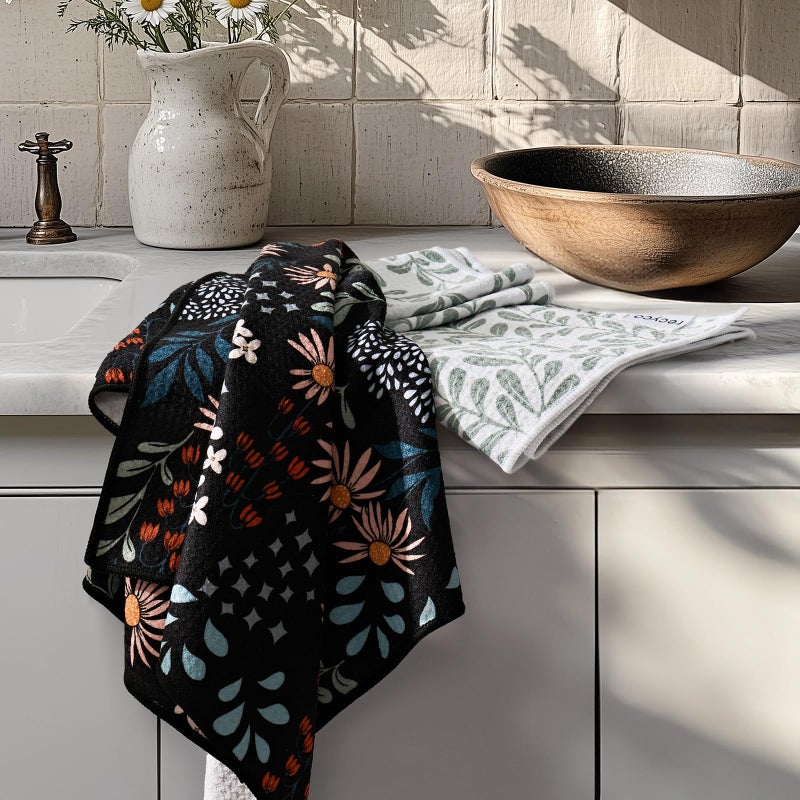 RECYCO Waffle Kitchen Towel Set of 2 - Quick Dry Microfiber Sustainable Dish Towels - Ultra Absorbent Reusable Cleaning Tea Towels - Lightweight Hand Towels,16â€x 28â€, Enchanted Bloom - Image 1