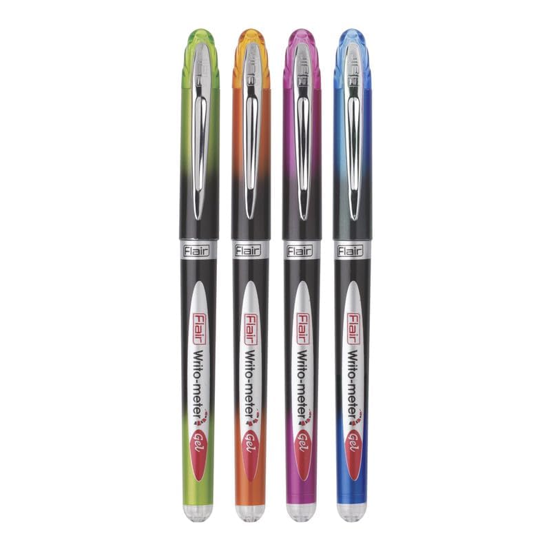 FLAIR Writometer Gel Pen Box Pack | Stainless Steel Tip | Our Longest Writing Pens | Writes Upto 1,200 Meters | Ensures Smoothness & Durability | Blue Ink, Pack of 4 - Image 1