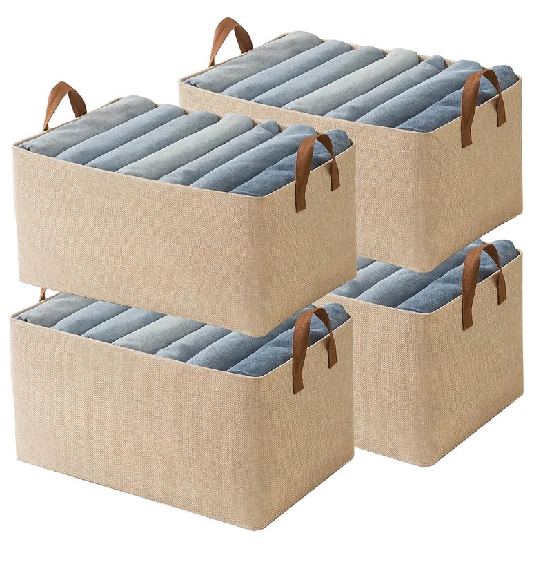 AARainbow AARAINBOW 4 Pcs Closet Clothes Organizer with Handle  Fabric Storage Box with Steel Frame Stackable Shelf Storage Baskets Foldable Wardrobe Organizer Baskets for Clothes Toys  23L (4 Beige) - Image 1