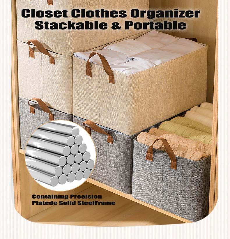 AARainbow AARAINBOW 4 Pcs Closet Clothes Organizer with Handle  Fabric Storage Box with Steel Frame Stackable Shelf Storage Baskets Foldable Wardrobe Organizer Baskets for Clothes Toys  23L (4 Beige) - Image 5